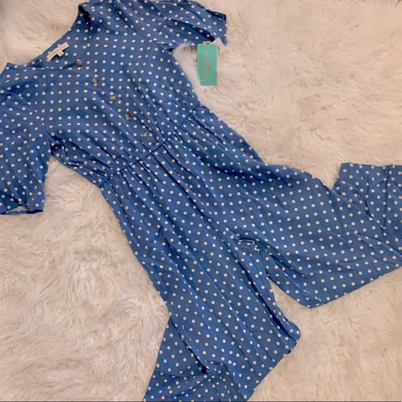Copper Key Pants & Jumpsuits Nwt Blue And White Polka Dot Short Sleeve Cropped Leg Romper